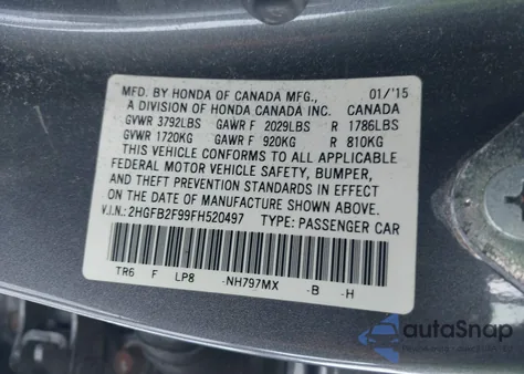 2015 Honda Civic Ex-L from USA, damaged, VIN 2HGFB2F99FH520497